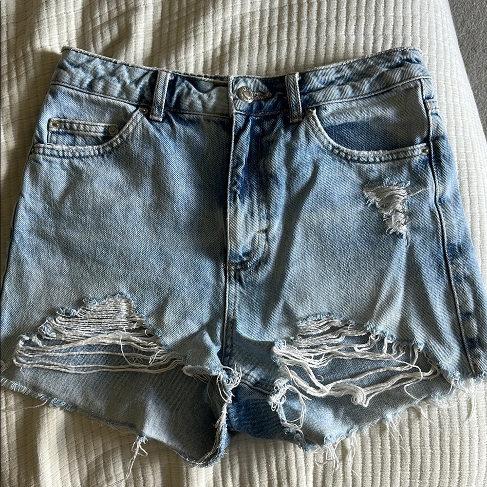 Topshop Blue Distressed Jean Shorts High-Waisted Cut-Offs
